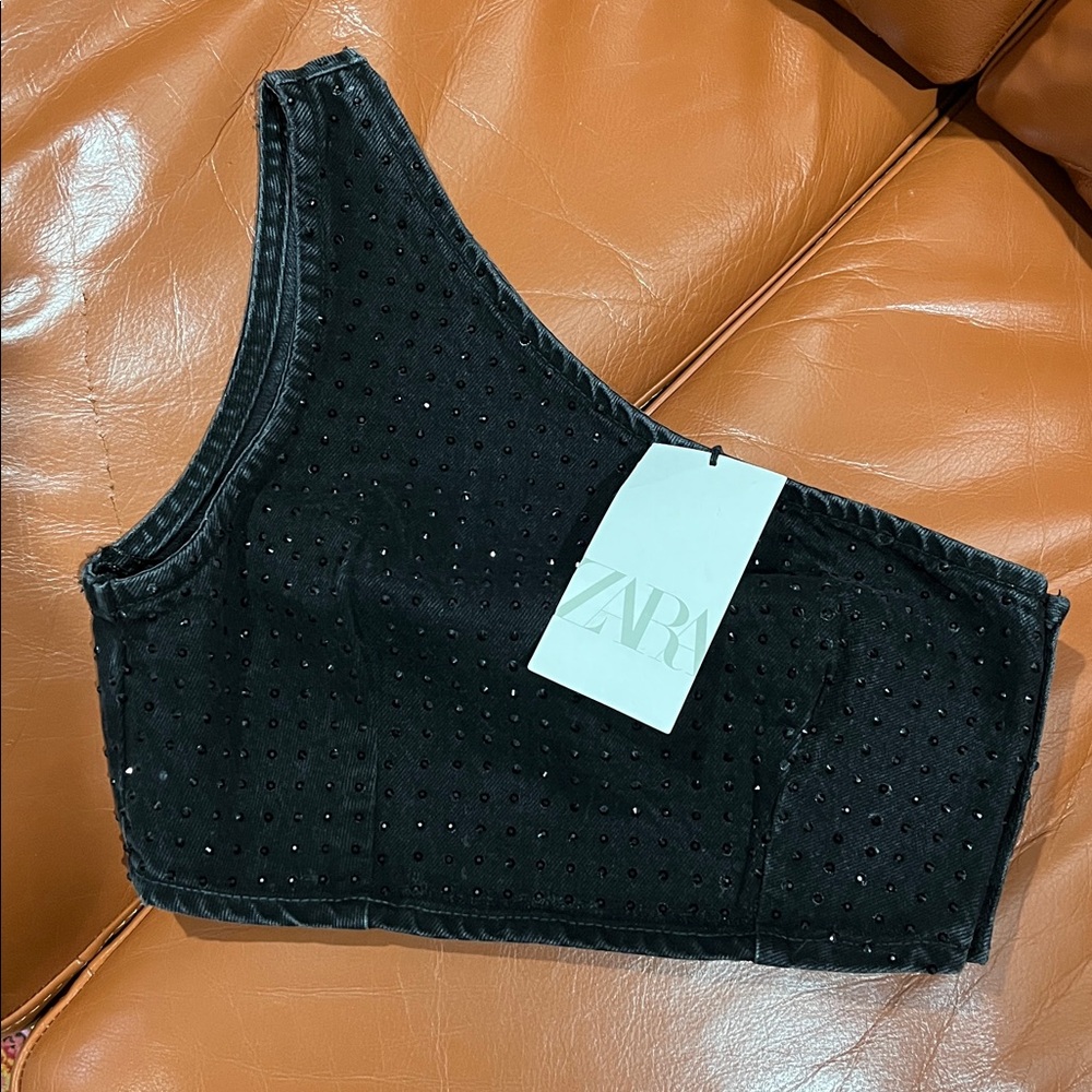 ZARA RHINESTONE BLACK DENIM TOP